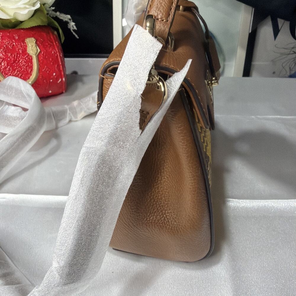 Michael Kors Karson Mini Bag Woven Yellow Leather Brown Top Handle B3M - Picture 4 of 13
